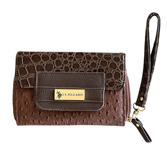U.S. POLO ASSN Brown Gold Crocodile Embossed Wallet Snap Clutch Wristlet NWOT - Picture 8 of 8